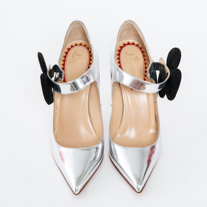 Louboutin Metallic Silver Patent Leather Mary Jane Heels with Flower Motif Size 37