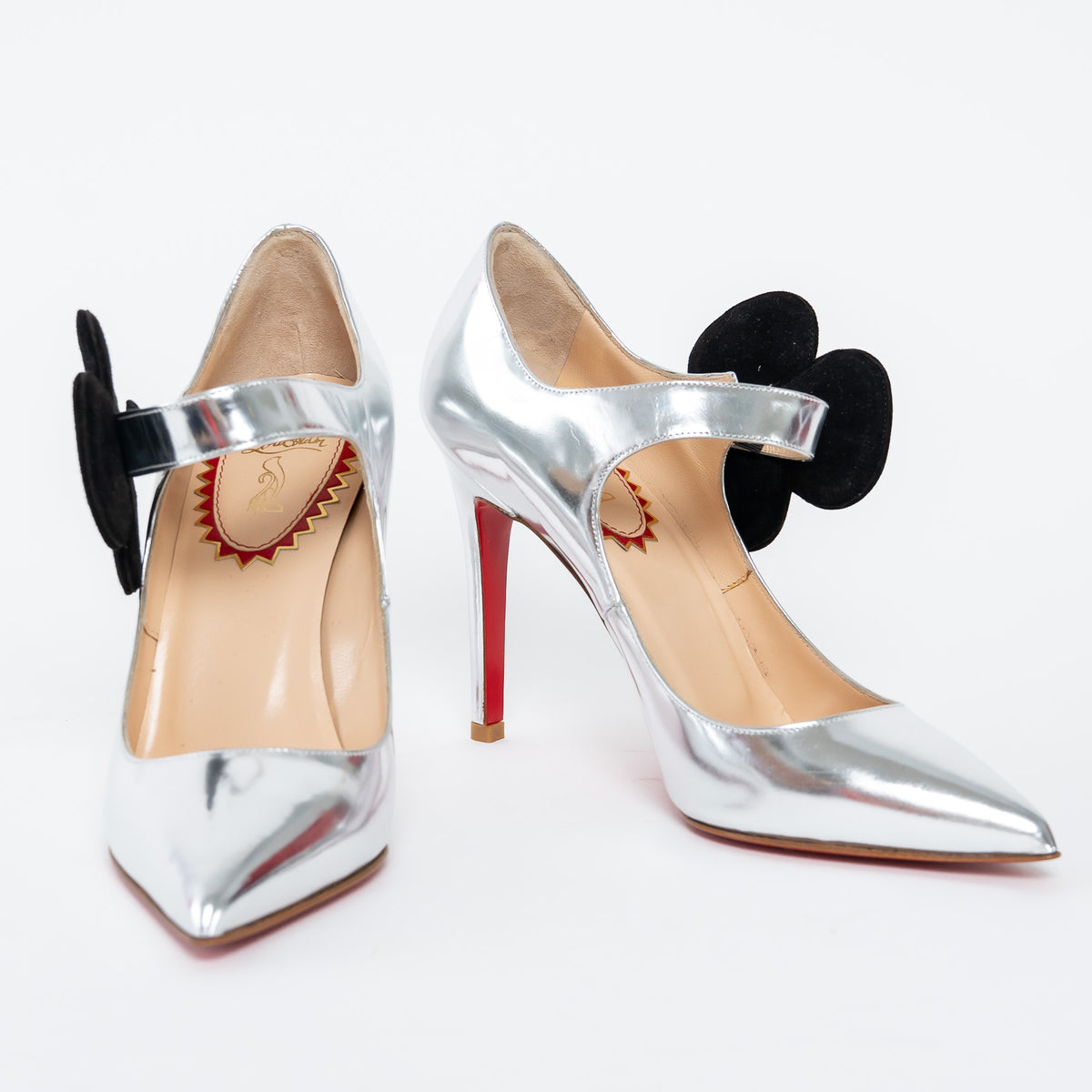 Louboutin Metallic Silver Patent Leather Mary Jane Heels with Flower Motif Size 37