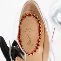 Louboutin Metallic Silver Patent Leather Mary Jane Heels with Flower Motif Size 37