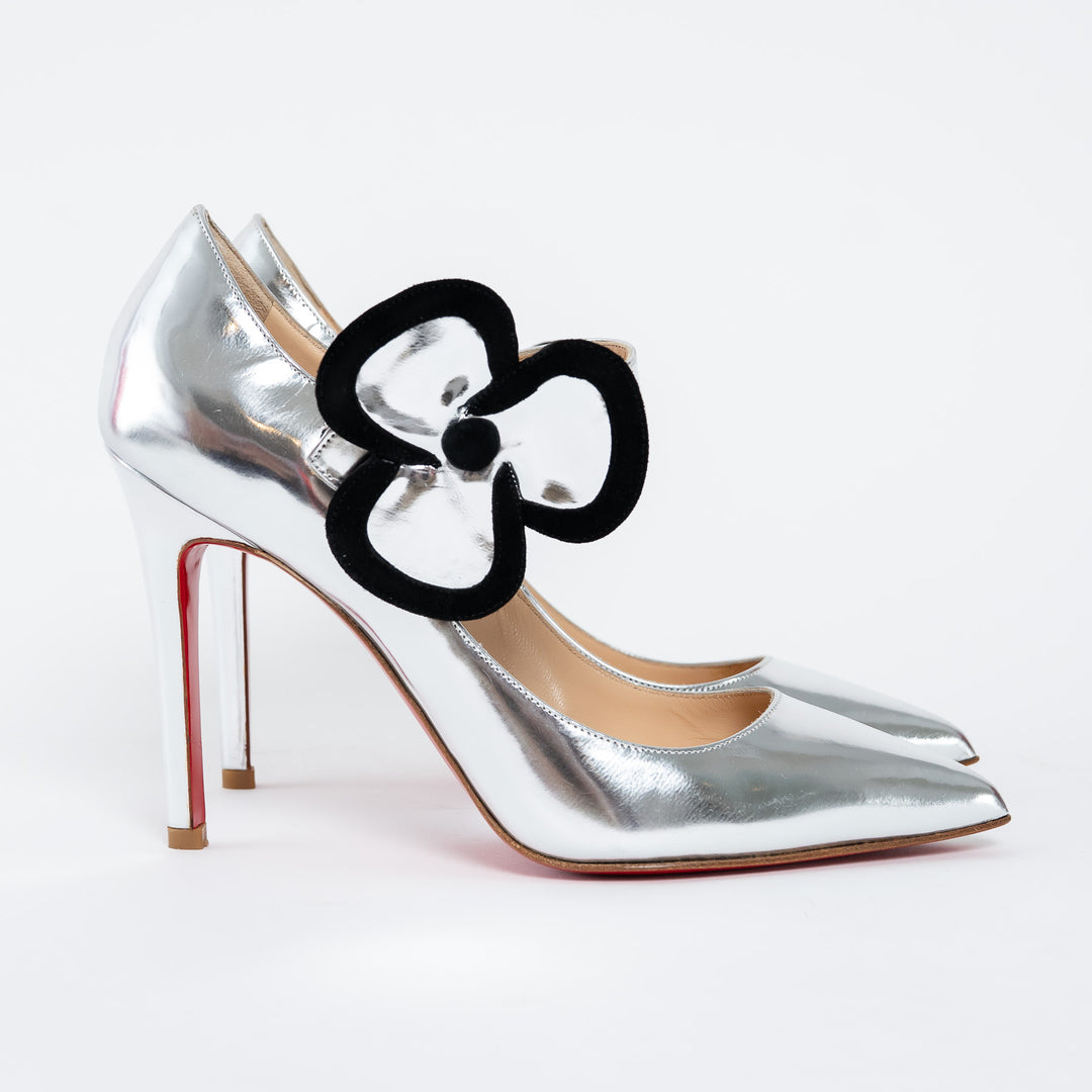 Louboutin Metallic Silver Patent Leather Mary Jane Heels with Flower Motif Size 37