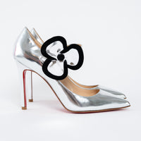 Louboutin Metallic Silver Patent Leather Mary Jane Heels with Flower Motif Size 37