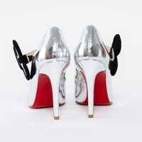 Louboutin Metallic Silver Patent Leather Mary Jane Heels with Flower Motif Size 37