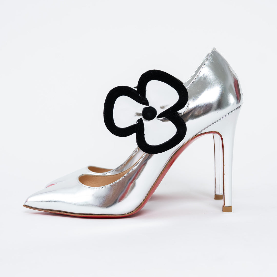 Louboutin Metallic Silver Patent Leather Mary Jane Heels with Flower Motif Size 37
