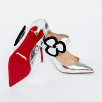 Louboutin Metallic Silver Patent Leather Mary Jane Heels with Flower Motif Size 37