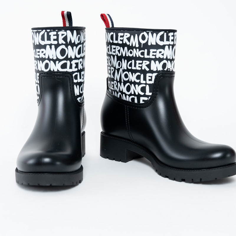 Moncler Black Rubber Ginette Stivale Rain Boots with White Logo Detail Size 38