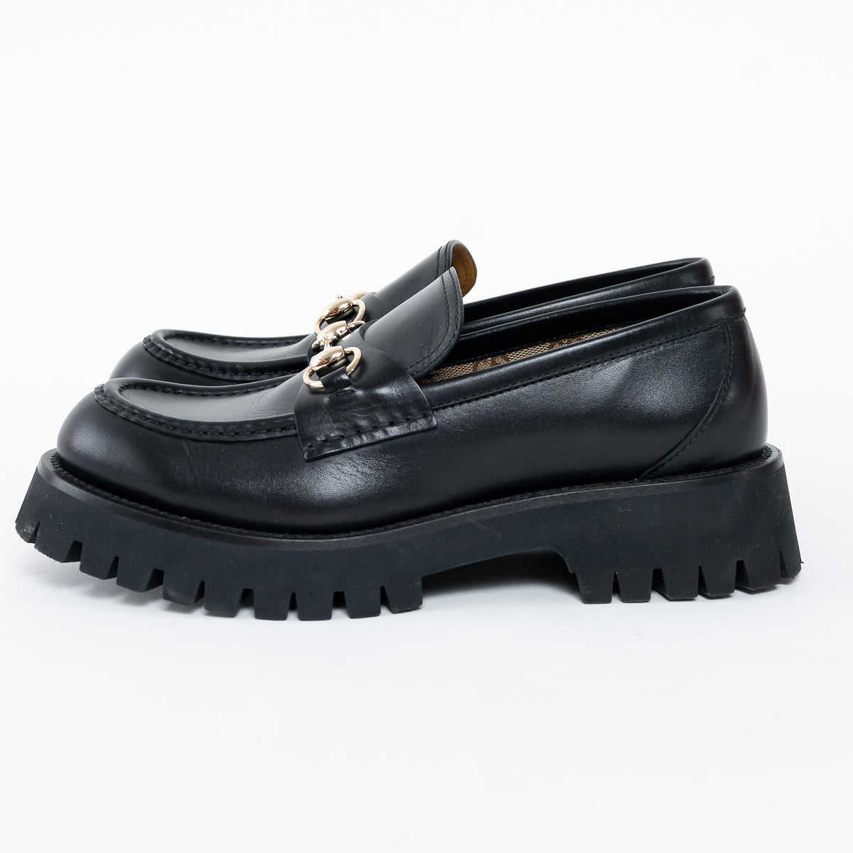 Gucci Black Calf Leather Horsebit Chunky Loafers Size 40