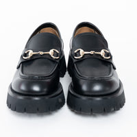 Gucci Black Calf Leather Horsebit Chunky Loafers Size 40