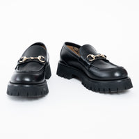 Gucci Black Calf Leather Horsebit Chunky Loafers Size 40