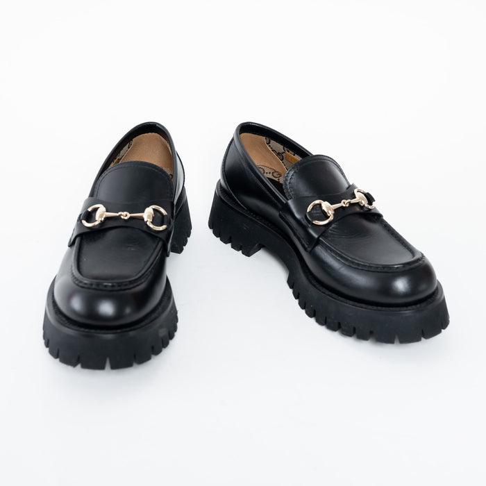 Gucci Black Calf Leather Horsebit Chunky Loafers Size 40