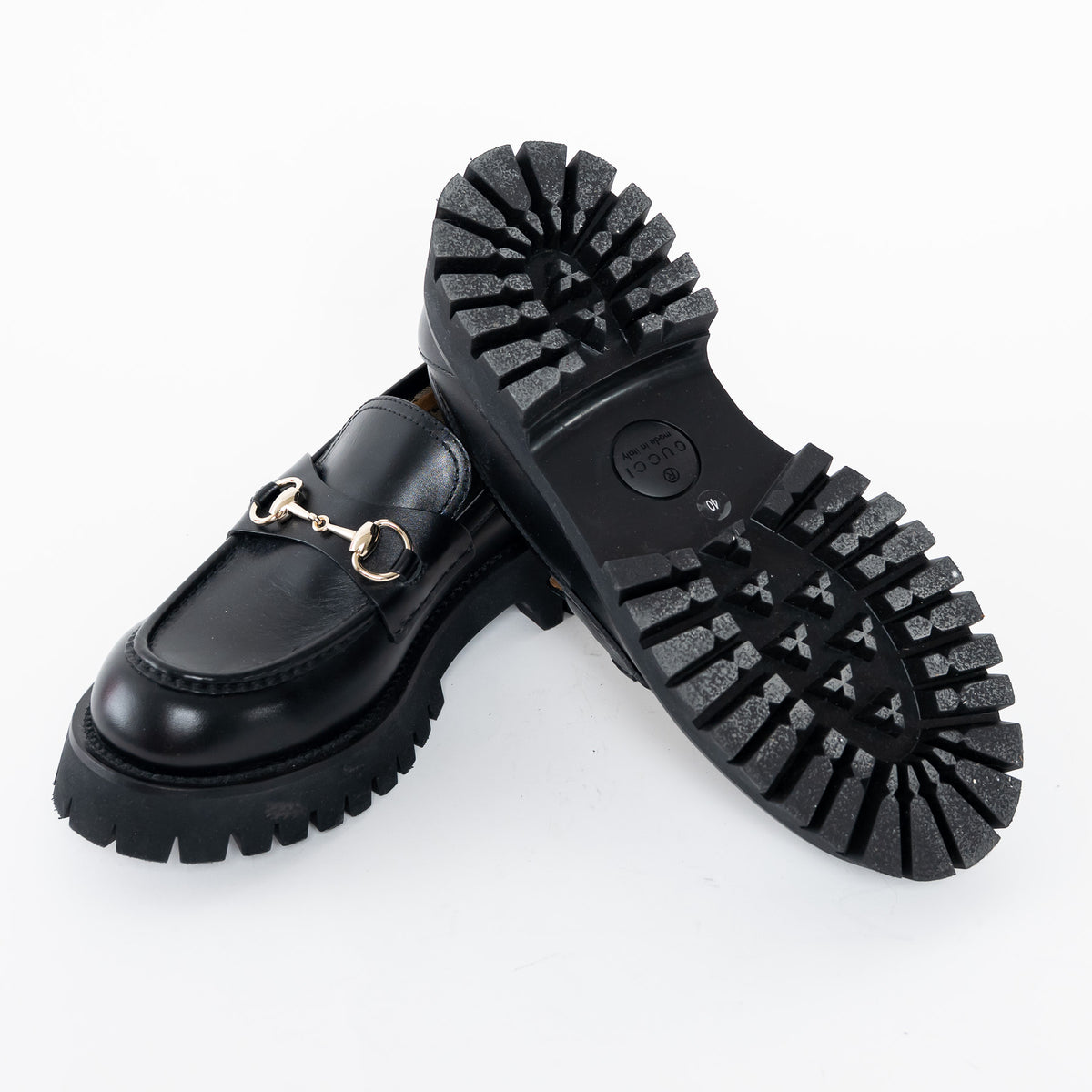 Gucci Black Calf Leather Horsebit Chunky Loafers Size 40