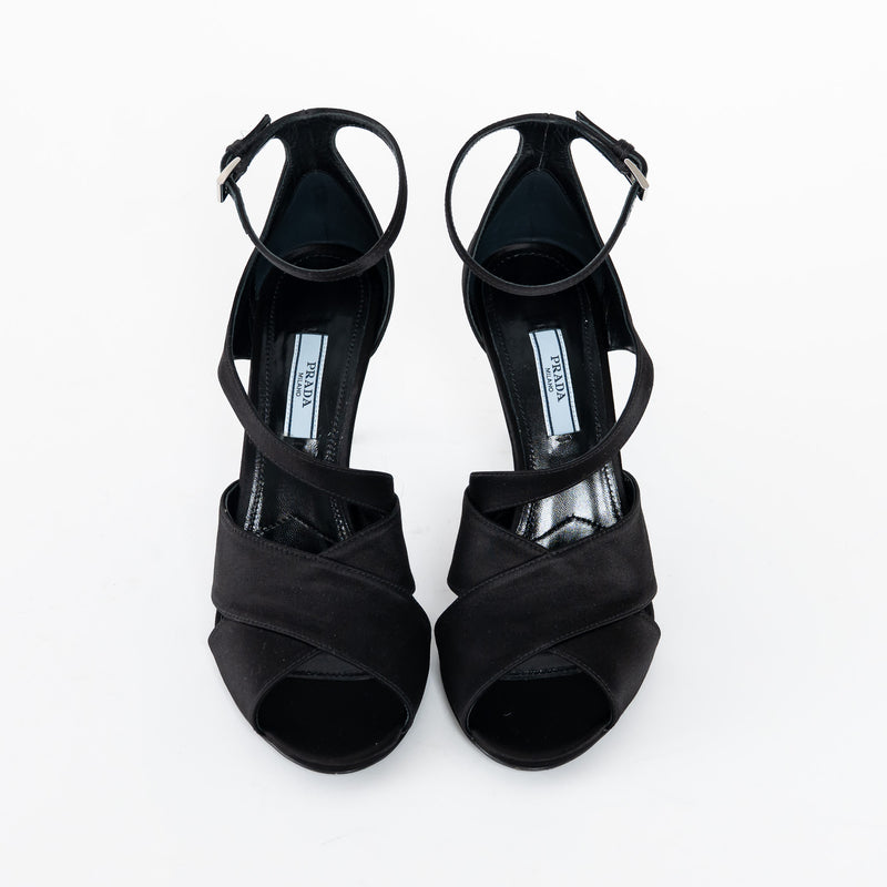 Prada Black Satin Peep Toe Criss Cross Ankle Strap Sandals Size 37.5