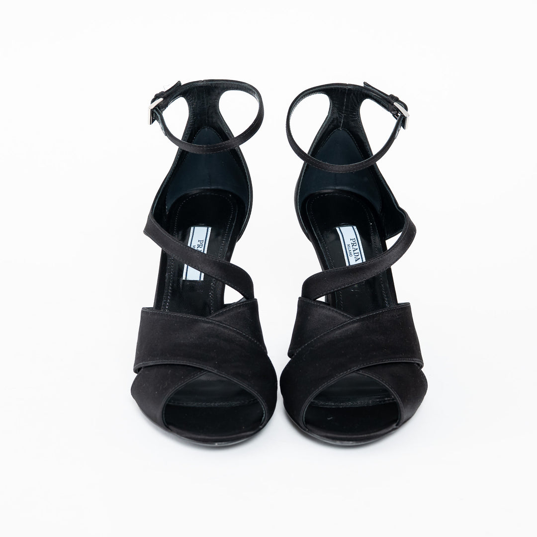 Prada Black Satin Peep Toe Criss Cross Ankle Strap Sandals Size 37.5