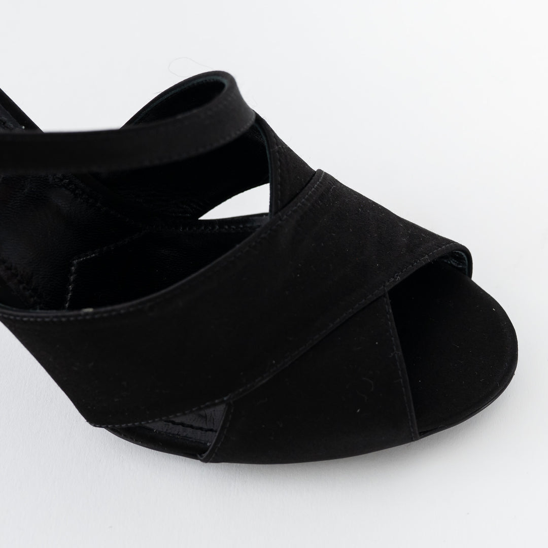 Prada Black Satin Peep Toe Criss Cross Ankle Strap Sandals Size 37.5
