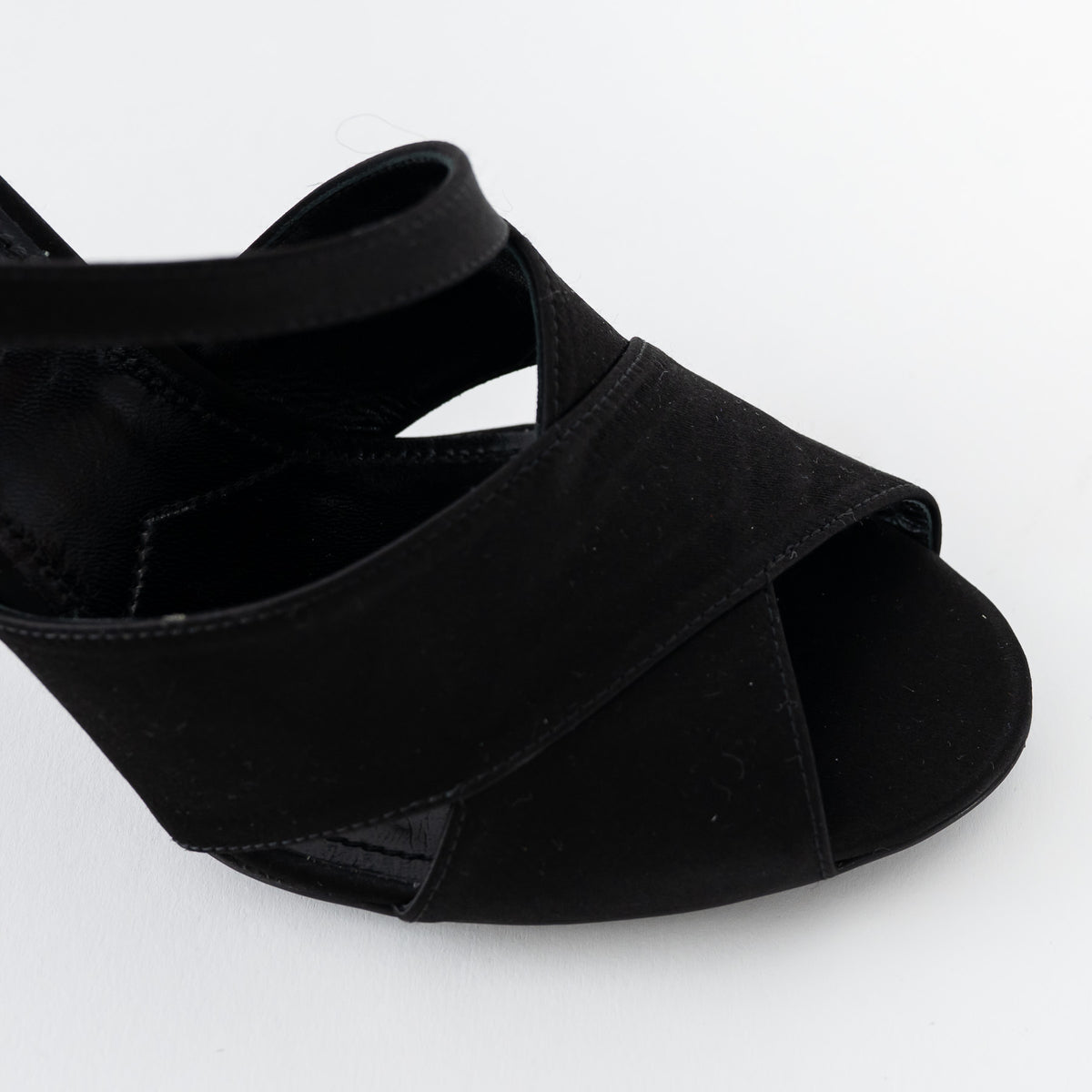 Prada Black Satin Peep Toe Criss Cross Ankle Strap Sandals Size 37.5