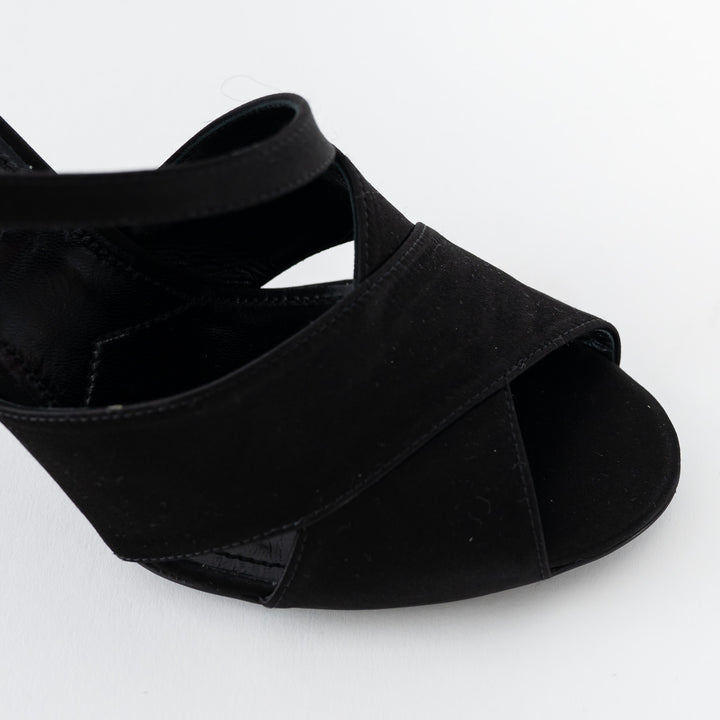 Prada Black Satin Peep Toe Criss Cross Ankle Strap Sandals Size 37.5