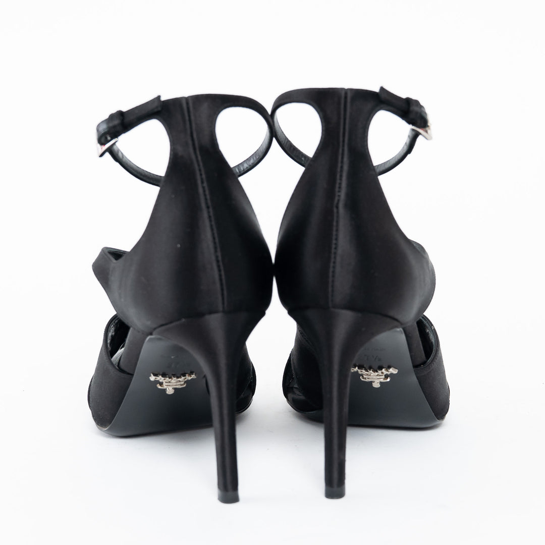 Prada Black Satin Peep Toe Criss Cross Ankle Strap Sandals Size 37.5