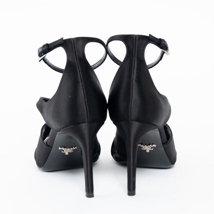 Prada Black Satin Peep Toe Criss Cross Ankle Strap Sandals Size 37.5