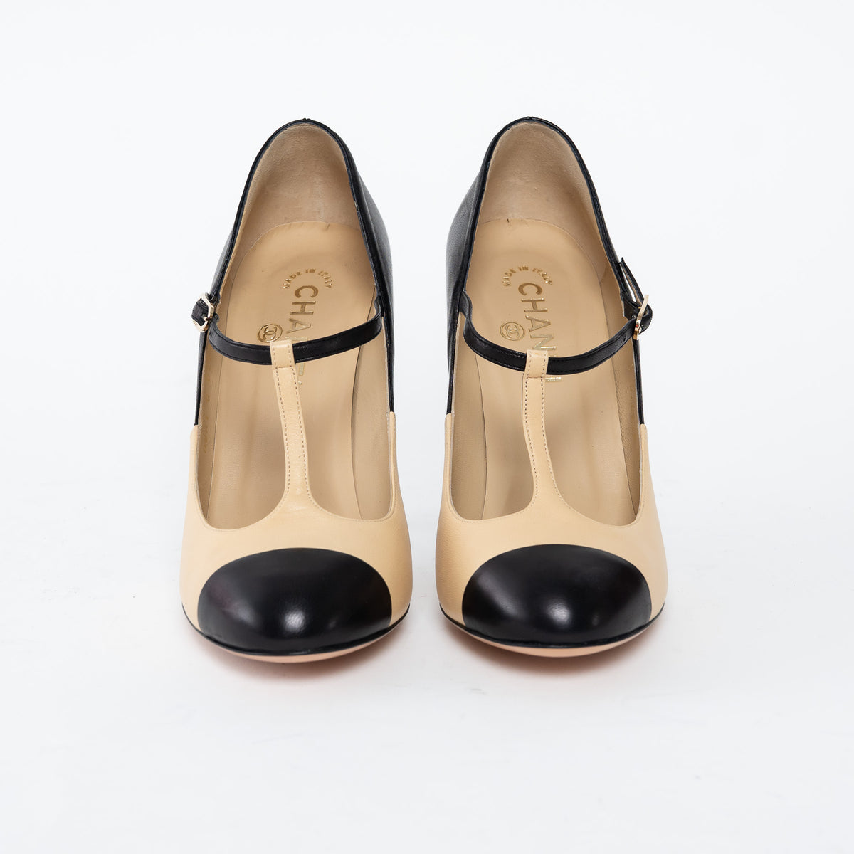 Pre-Loved Chanel™ Two Tone Black Beige Calfskin Leather Pumps Size 38.5