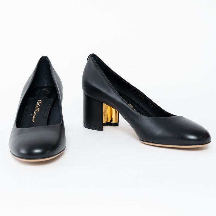 Ferragamo Black Calf Leather Block Heel Pumps Size 7.5D