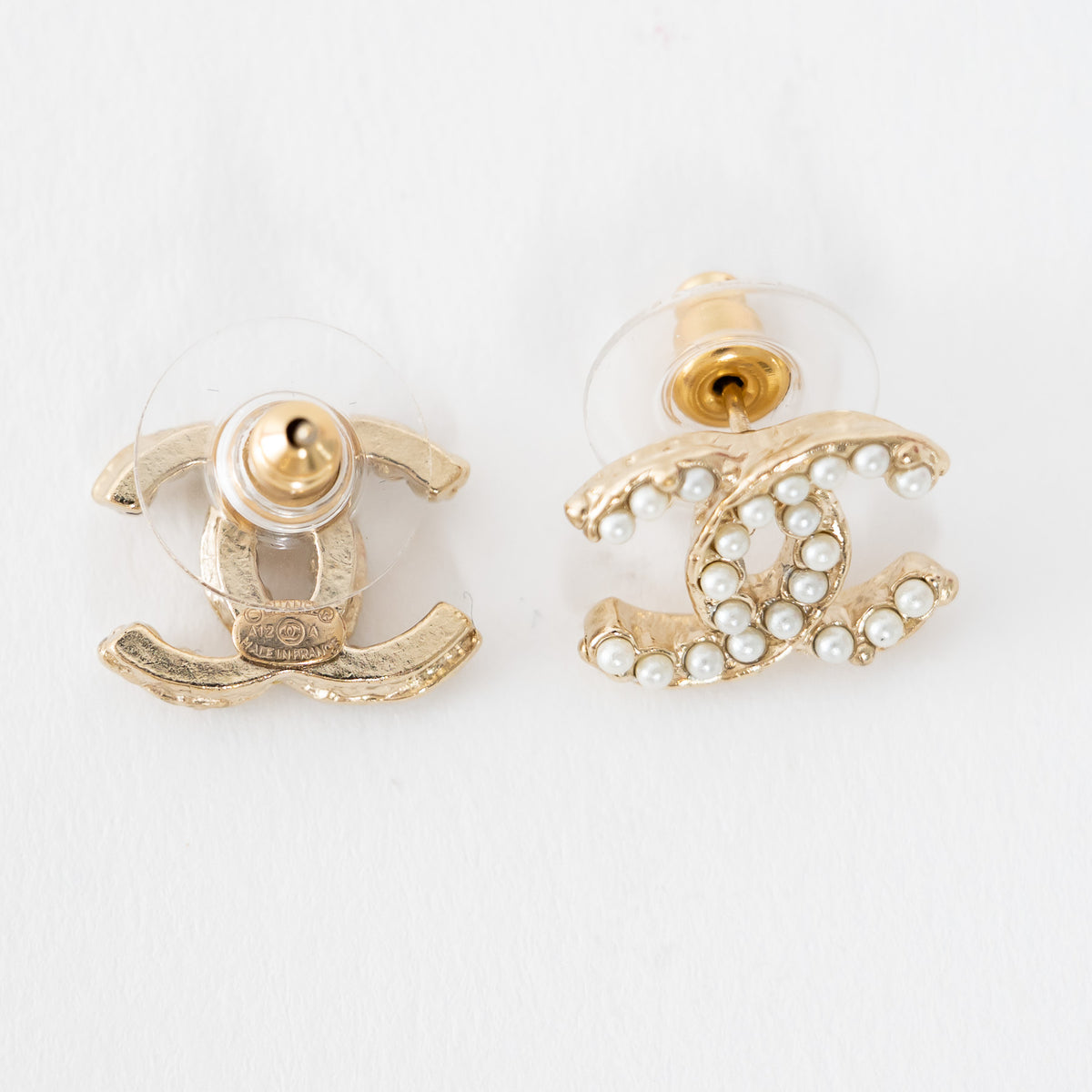 Pre-Loved Chanel™ Gold Tone Faux Pearl Inset Logo Stud Earring