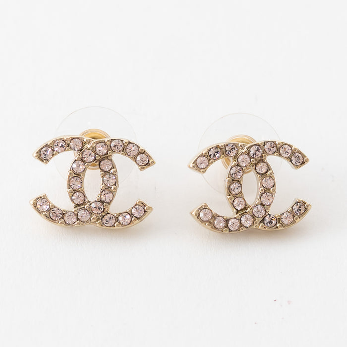 Pre-Loved Chanel™ Gold Tone Crystal Inset Logo Stud Earrings