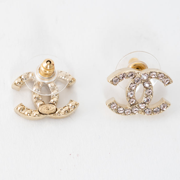 Pre-Loved Chanel™ Gold Tone Crystal Inset Logo Stud Earrings