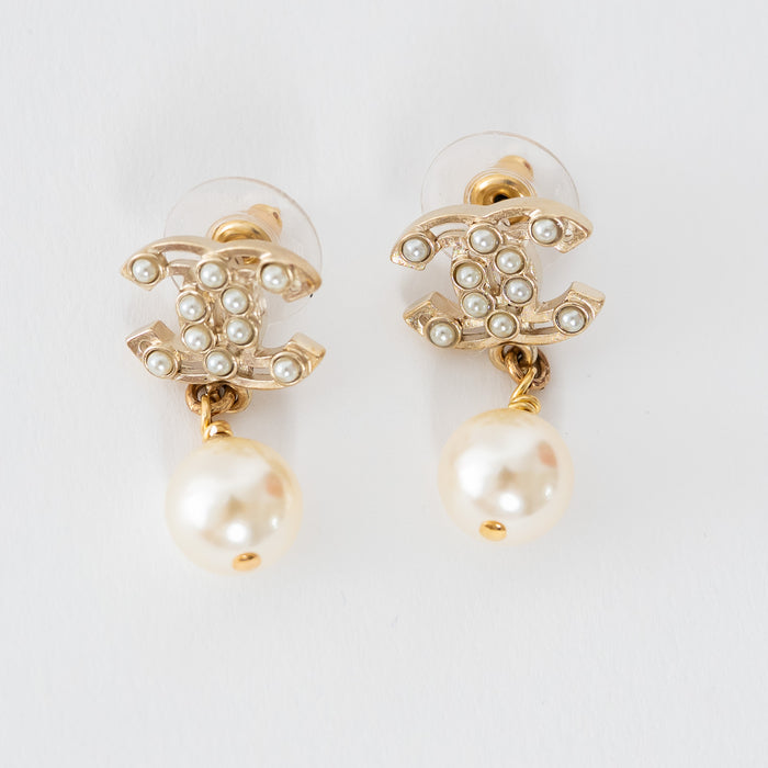 Chanel Gold Tone Cutout Logo Faux Pearl Drop Earrings