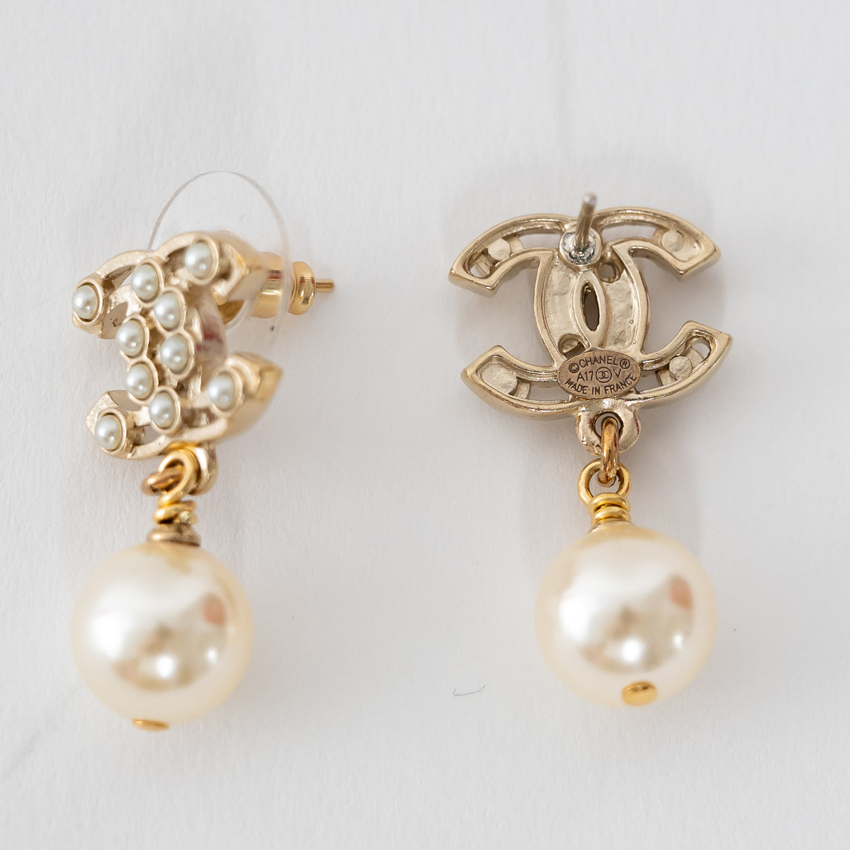 Chanel Gold Tone Cutout Logo Faux Pearl Drop Earrings