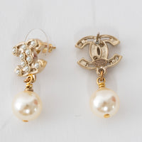 Chanel Gold Tone Cutout Logo Faux Pearl Drop Earrings