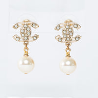 Chanel Gold Tone Cutout Logo Faux Pearl Drop Earrings