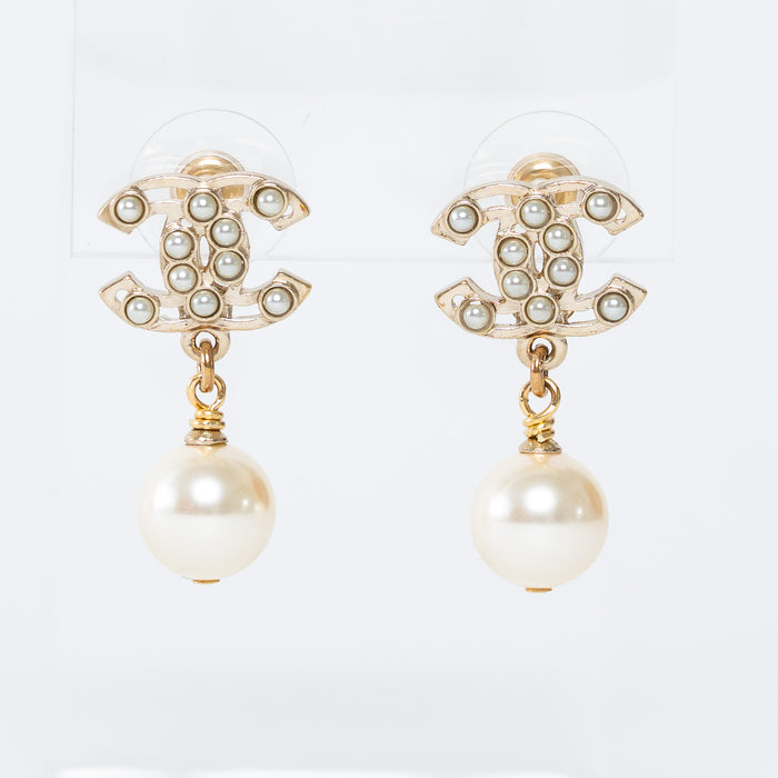 Chanel Gold Tone Cutout Logo Faux Pearl Drop Earrings