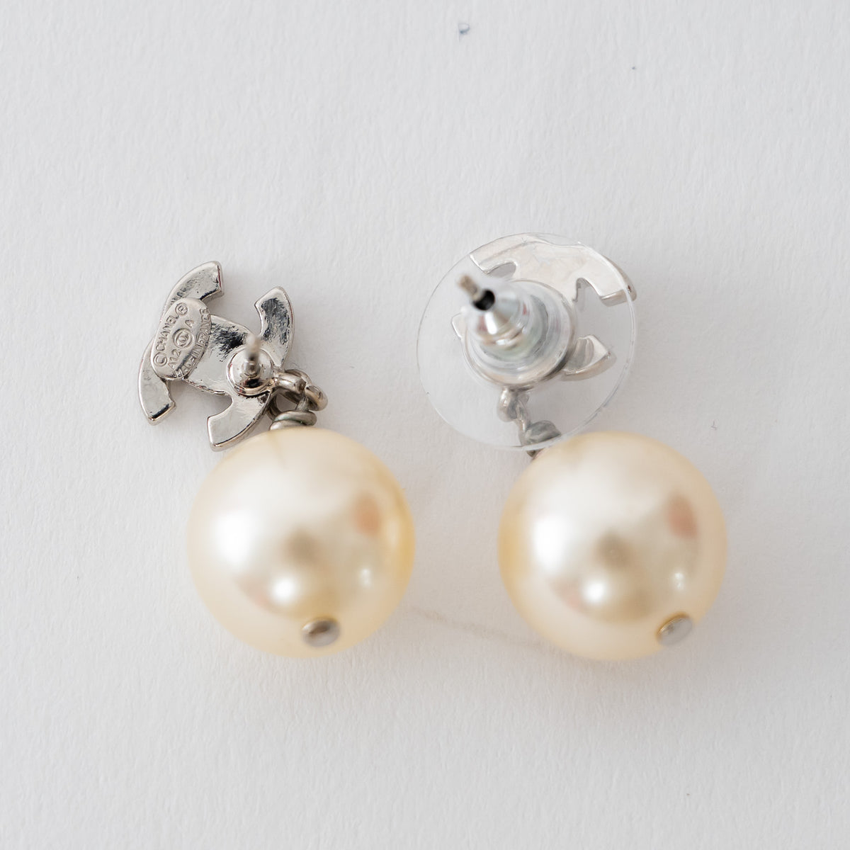 Pre-Loved Chanel™ Silver Tone Inset Crystal Pearl Drop Earrings