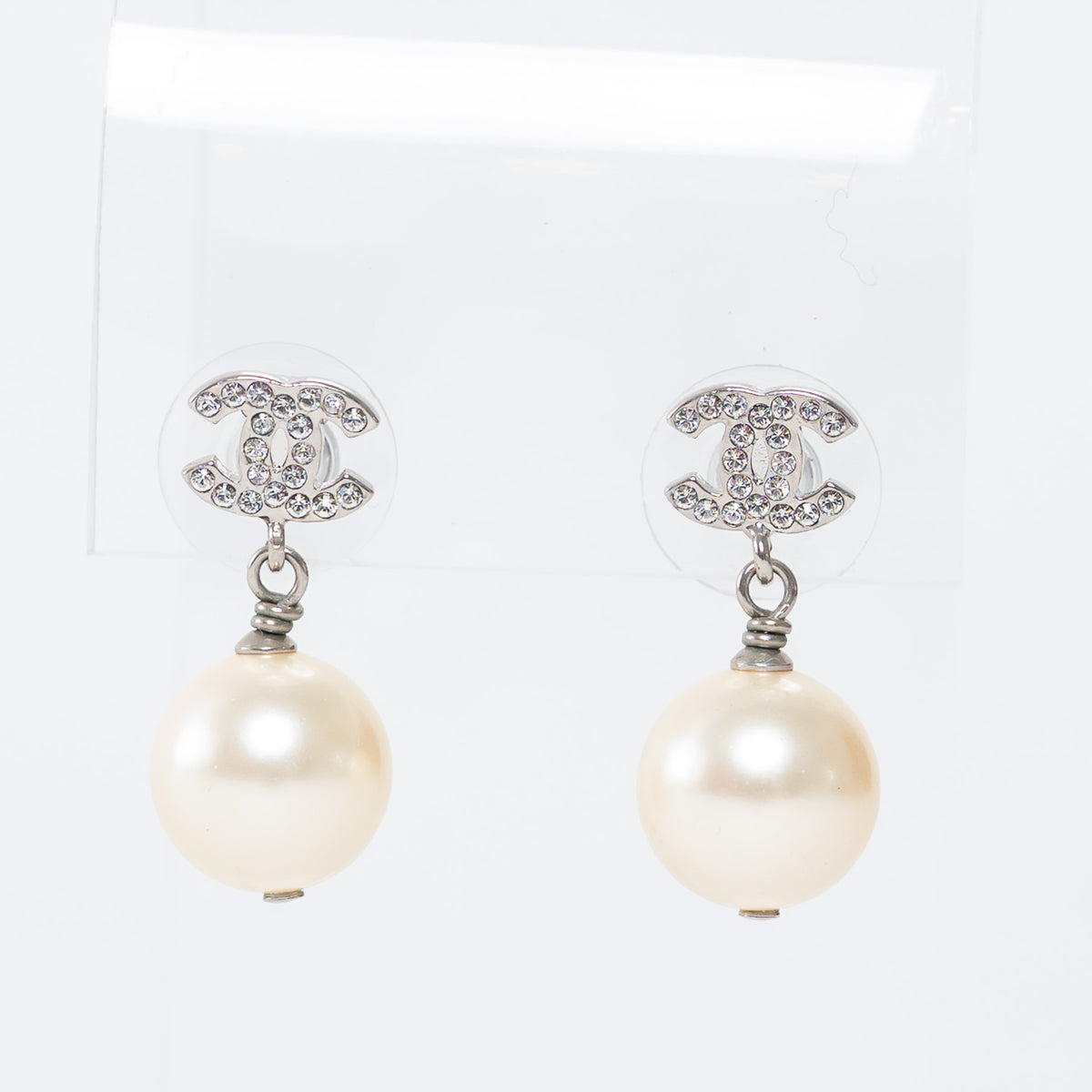 Pre-Loved Chanel™ Silver Tone Inset Crystal Pearl Drop Earrings