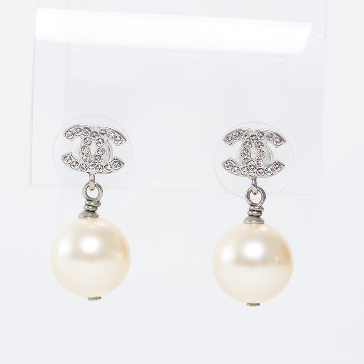 Pre-Loved Chanel™ Silver Tone Inset Crystal Pearl Drop Earrings