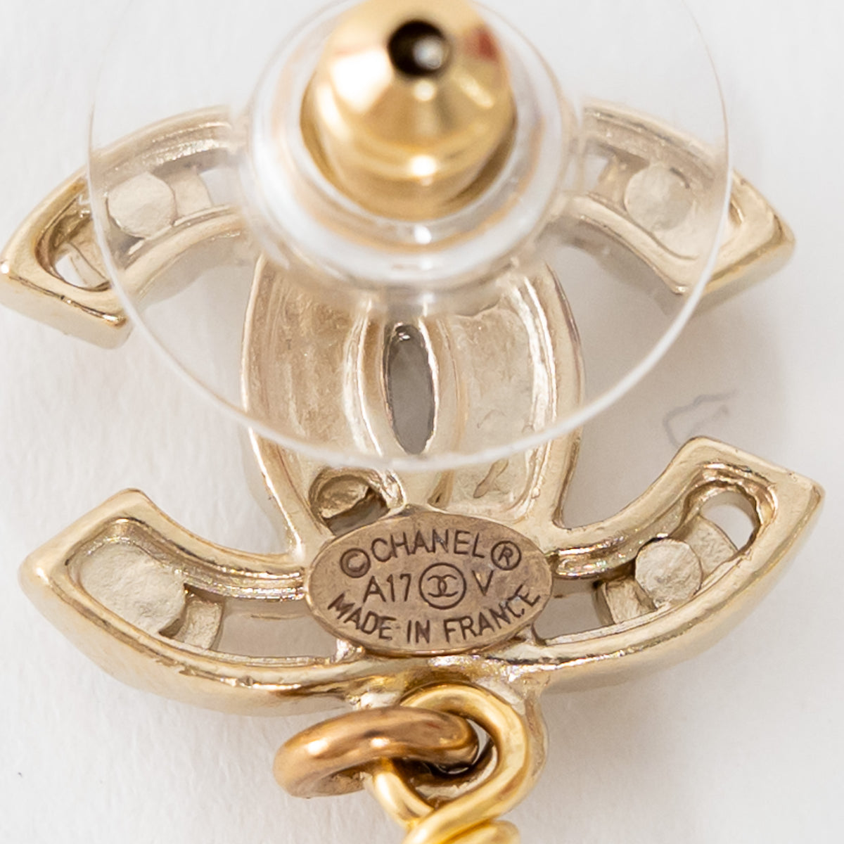 Chanel Gold Tone Cutout Logo Faux Pearl Drop Earrings