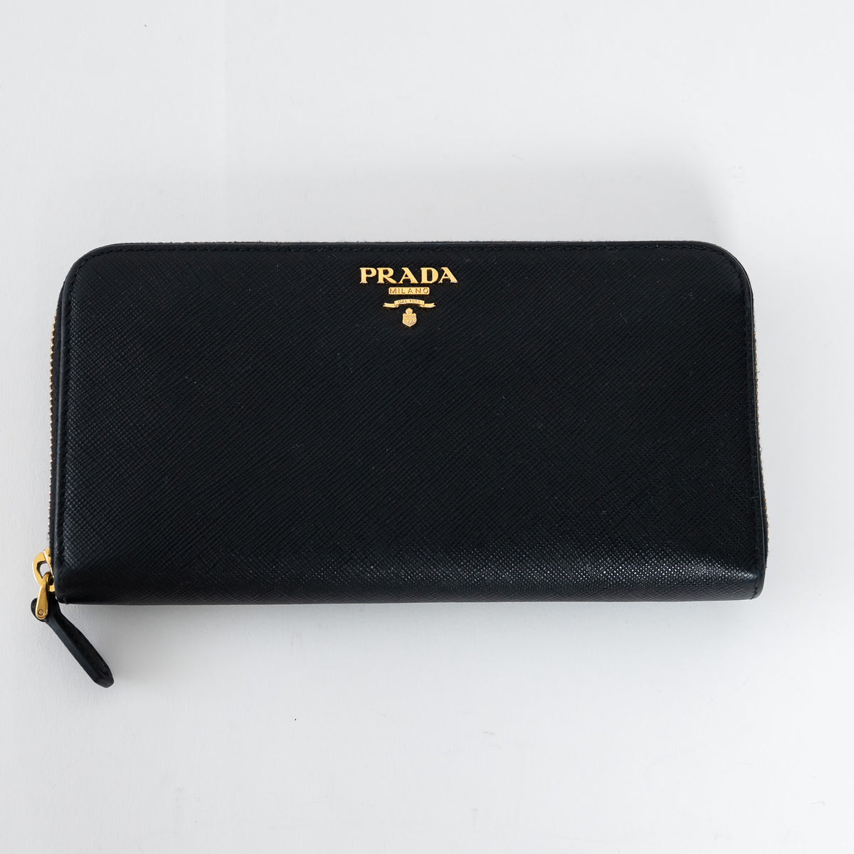 Prada Black Saffiano Leather Zip Around Continental Wallet