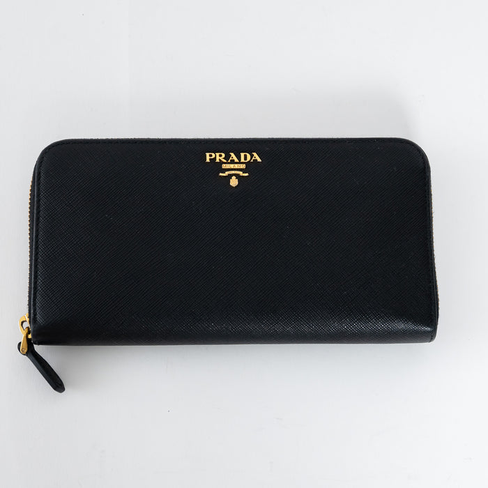 Prada Black Saffiano Leather Zip Around Continental Wallet