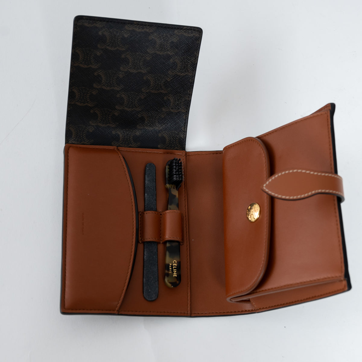 Celine Triomphe Monogram Canvas and Tan Calfskin Leather Travel Kit