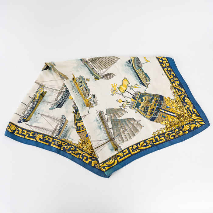 Hermes Blue/Gold Silk Vintage Jonques et Sampans Scarf