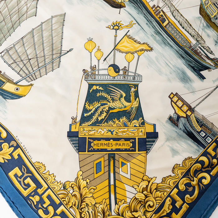 Hermes Blue/Gold Silk Vintage Jonques et Sampans Scarf