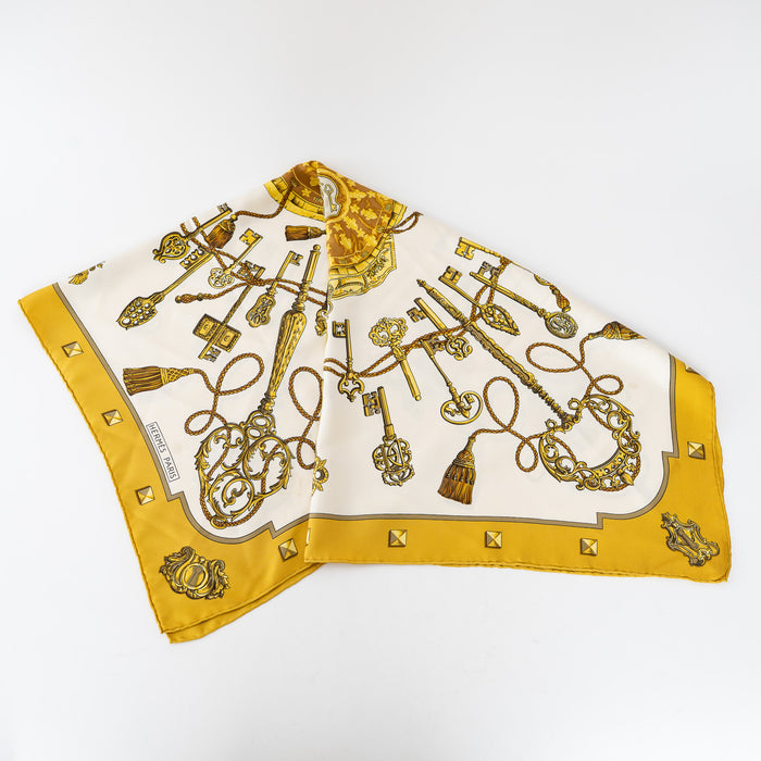 Hermes White/Gold Silk Print Les Cles Scarf