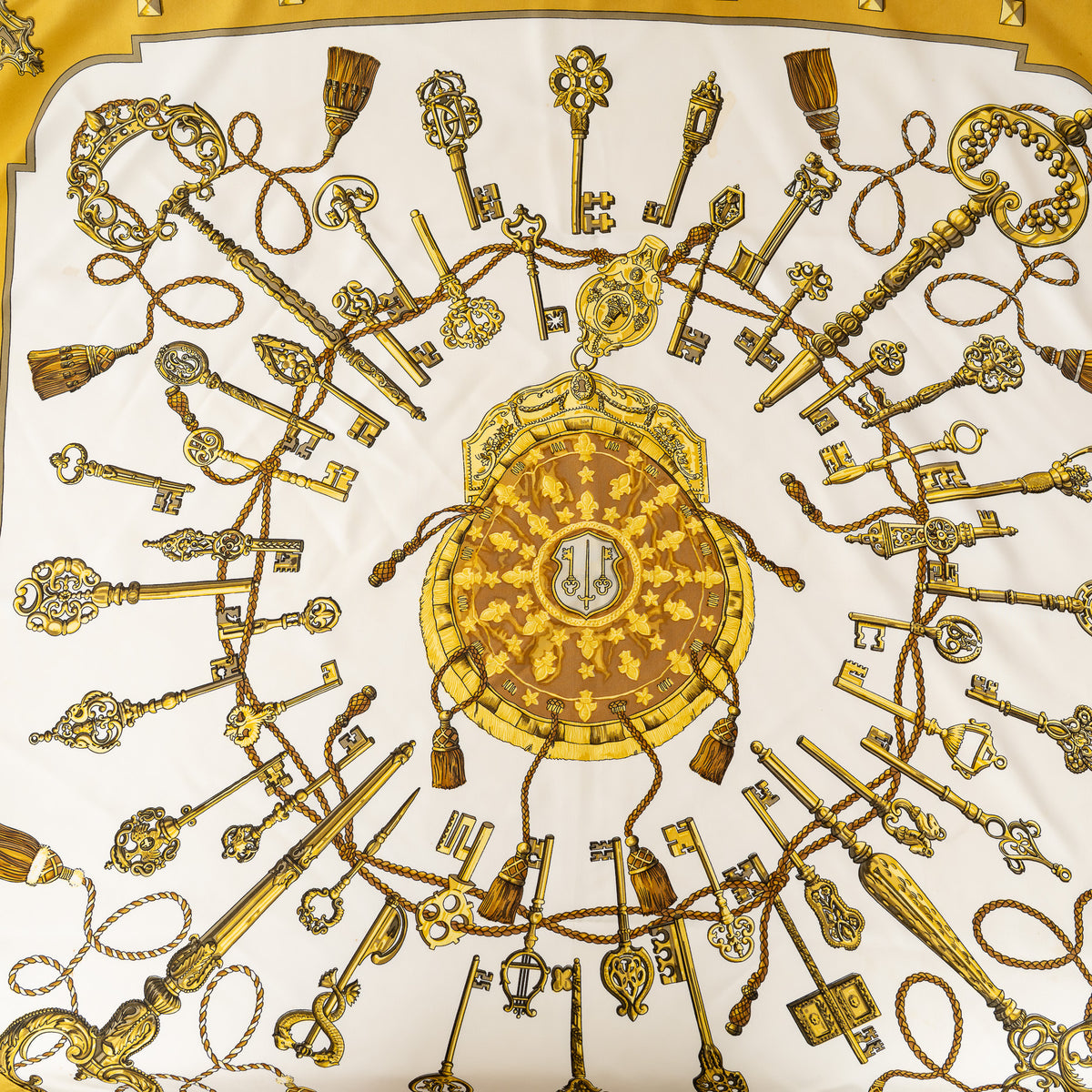 Hermes White/Gold Silk Print Les Cles Scarf