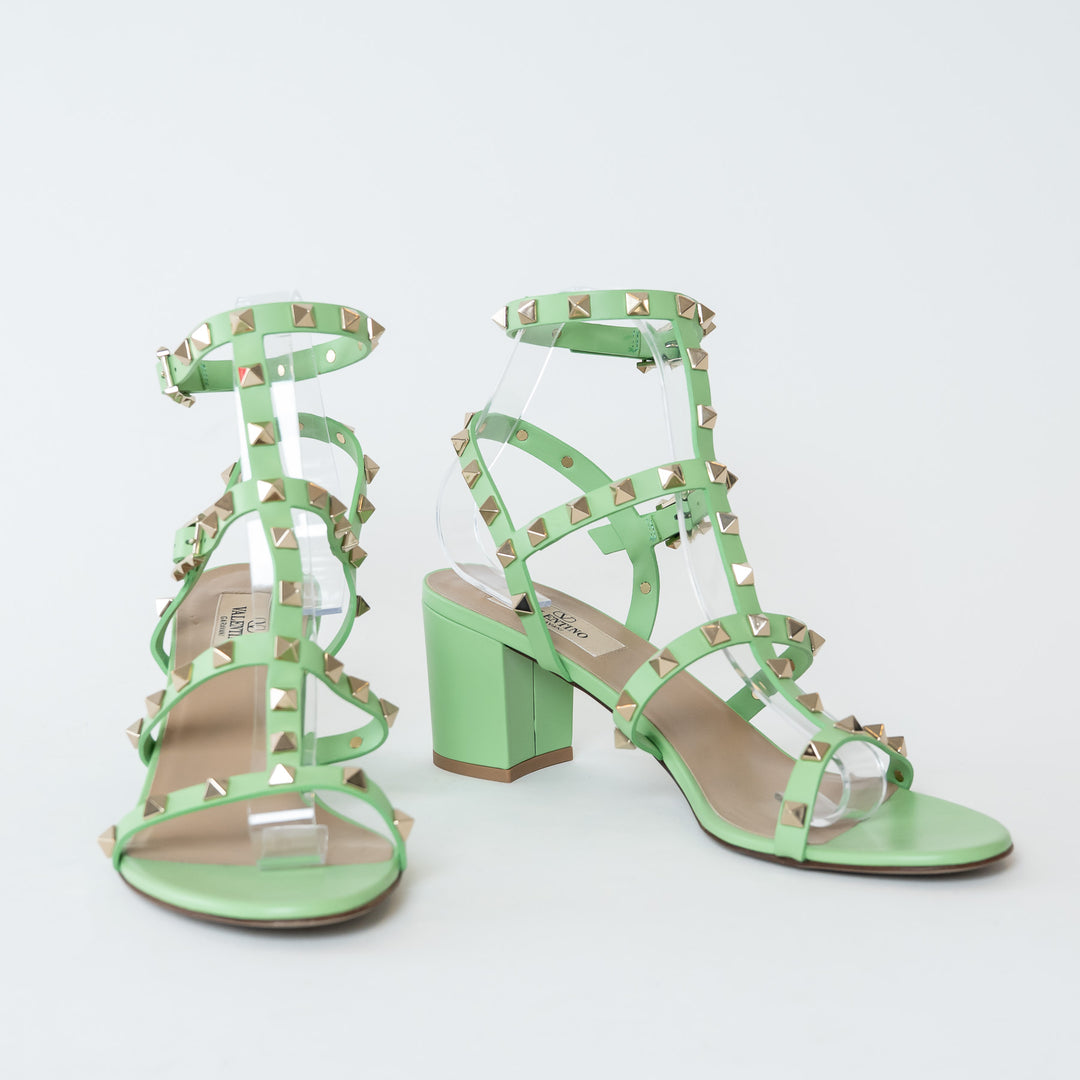 Valentino Mint Green Calfskin Leather Rockstud Sandals Size 39