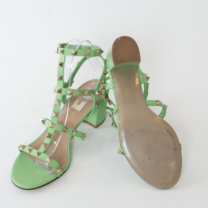 Valentino Mint Green Calfskin Leather Rockstud Sandals Size 39