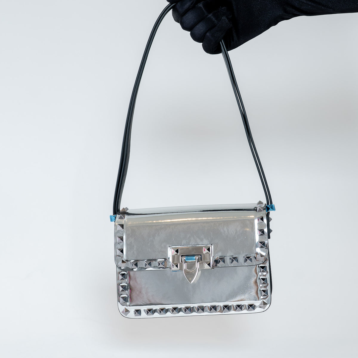 Valentino Metallic Silver Patent Leather Small Rockstud Shoulder Bag