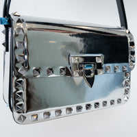 Valentino Metallic Silver Patent Leather Small Rockstud Shoulder Bag