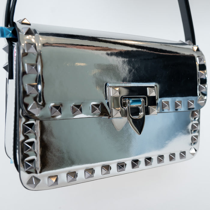 Valentino Metallic Silver Patent Leather Small Rockstud Shoulder Bag