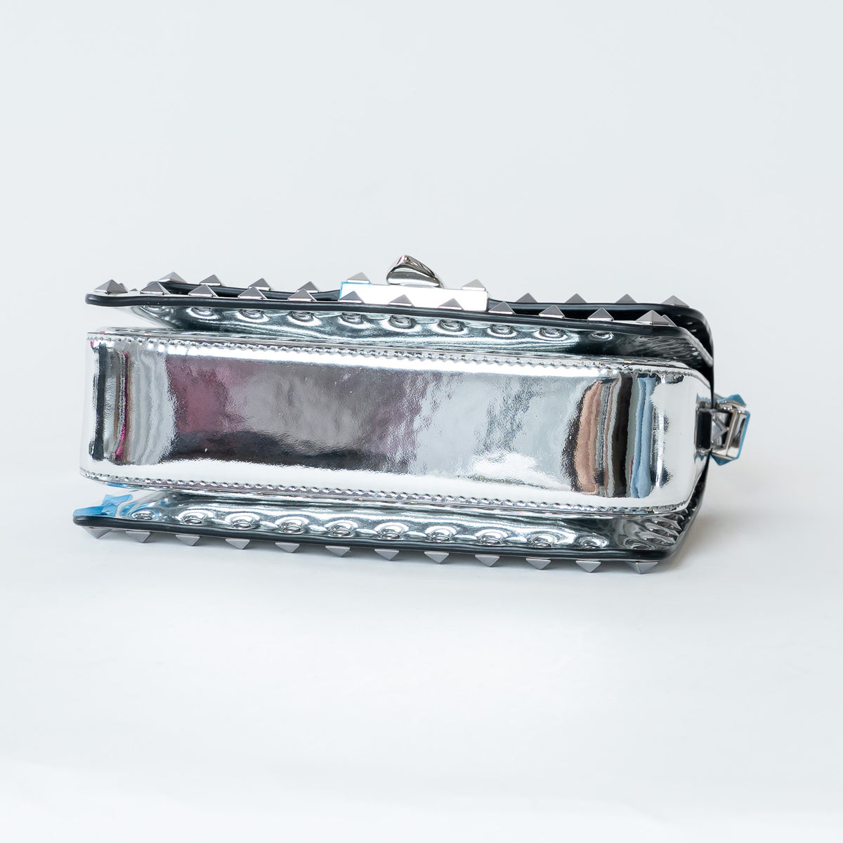 Valentino Metallic Silver Patent Leather Small Rockstud Shoulder Bag