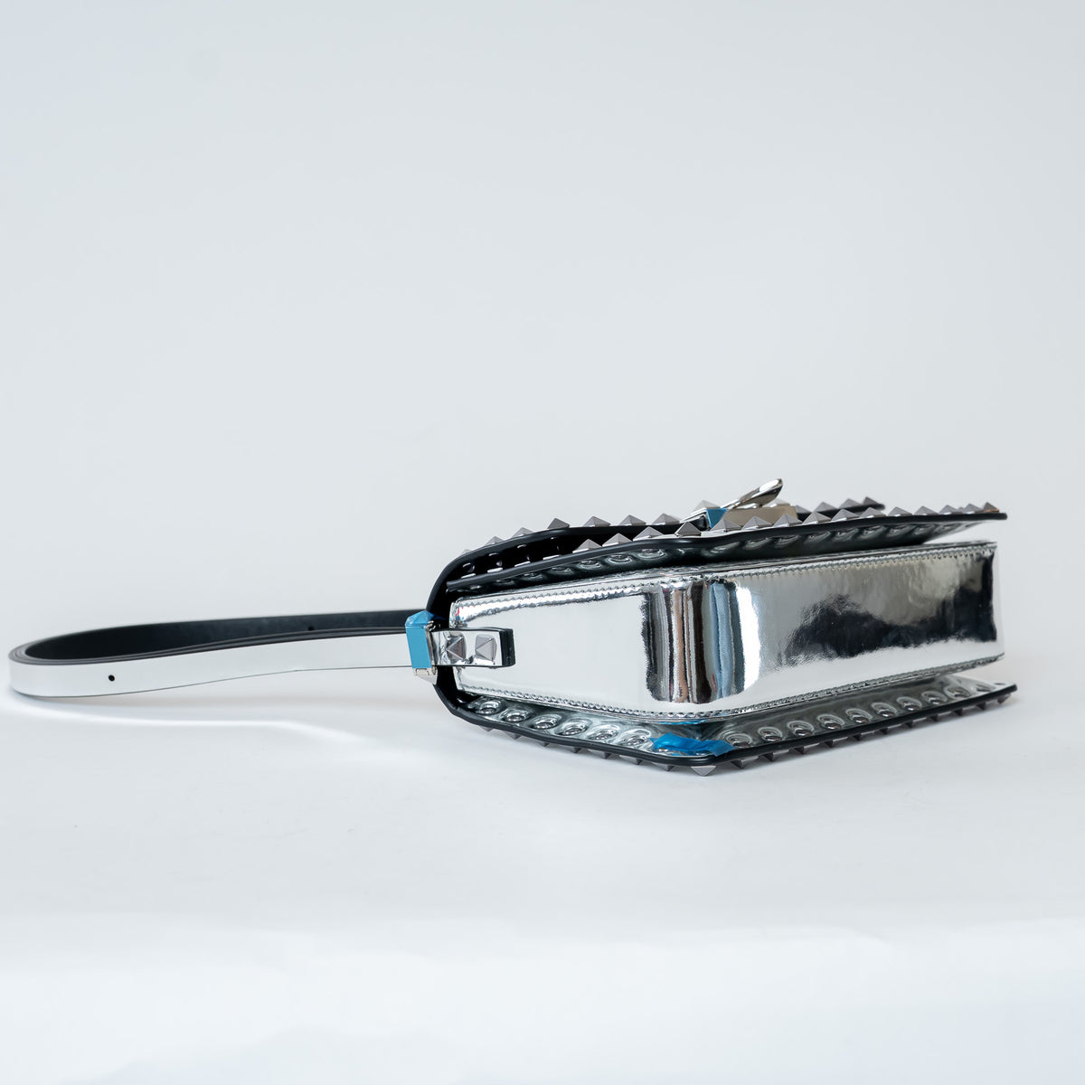 Valentino Metallic Silver Patent Leather Small Rockstud Shoulder Bag