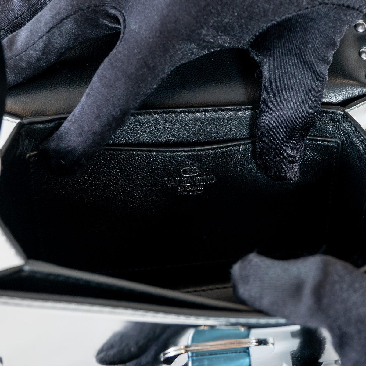 Valentino Metallic Silver Patent Leather Small Rockstud Shoulder Bag